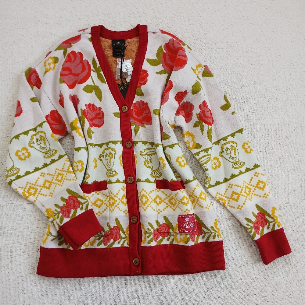 disney ♡ princess belle beauty and the beast sweater cardigan large rose holiday
